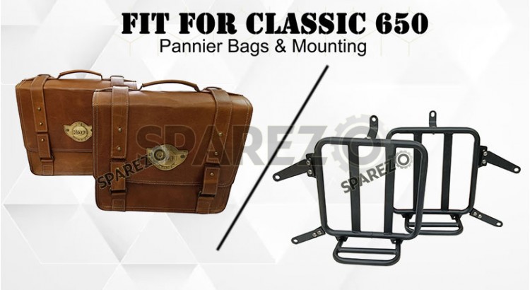 For Royal Enfield Classic 650 Genuine Leather Pannier Bags Tan Brown With Mounting - SPAREZO